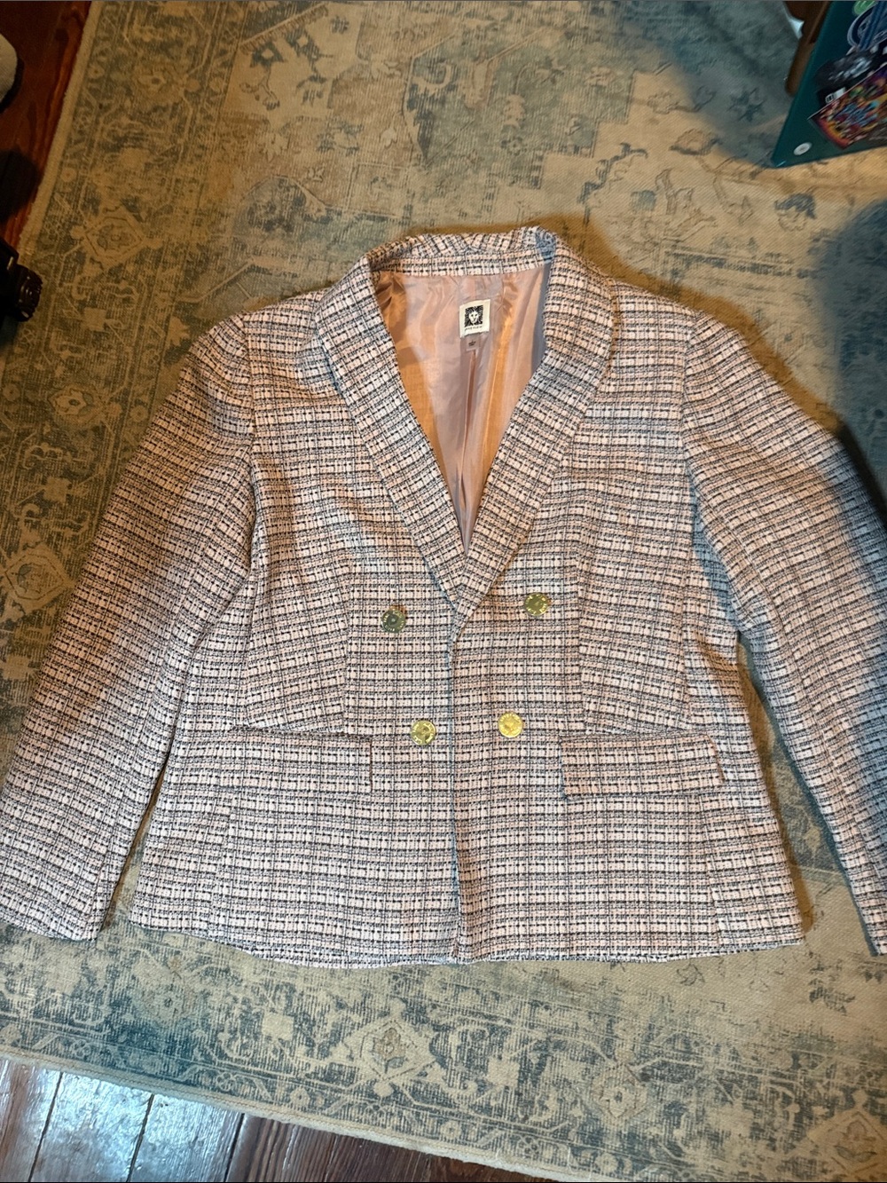 Anne Klein Pink and White Tweed Double-Breasted Blazer